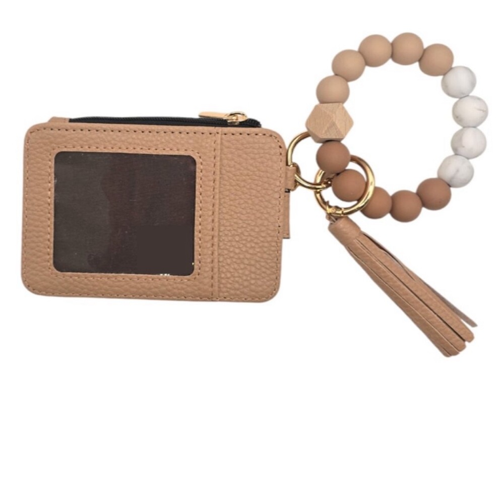 NWT tan silicone beaded wristlet ID card holder wallet keychain